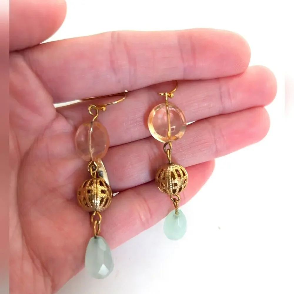 Beachy Boho Gold Tone Beaded Faceted Glass Dangle Drop Hook Earrings